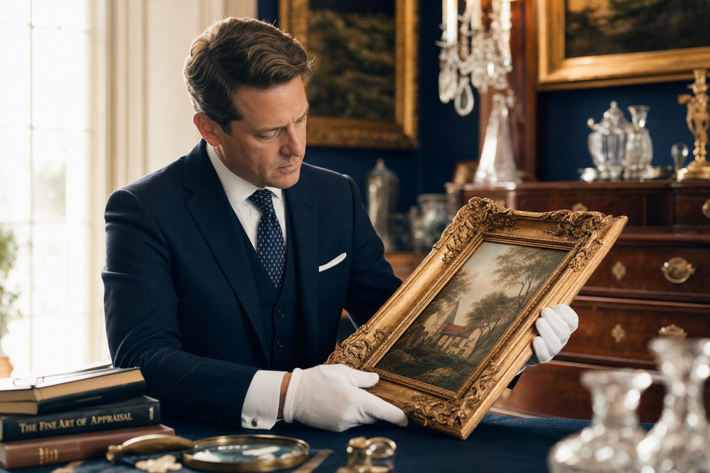 Appraiser examining an antique gilt picture frame