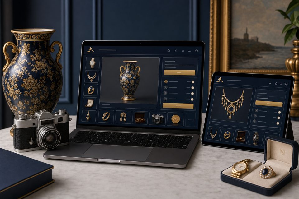 Online estate auction browsing on a laptop with estate items